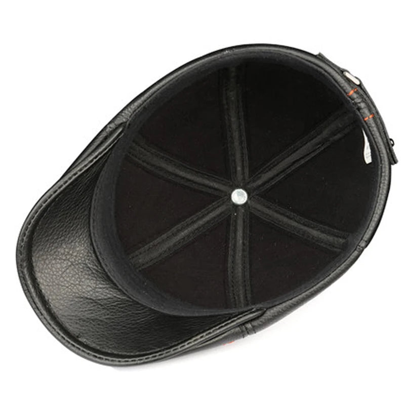 Authentic Cowhide Leather Beret – Men’s Striped Black Real Leather Cap