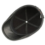 Authentic Cowhide Leather Beret – Men’s Striped Black Real Leather Cap-HighTouch
