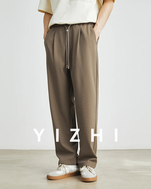 Men’s Straight-Leg Drawstring Trousers – Japanese Casual Elastic Waist Pants