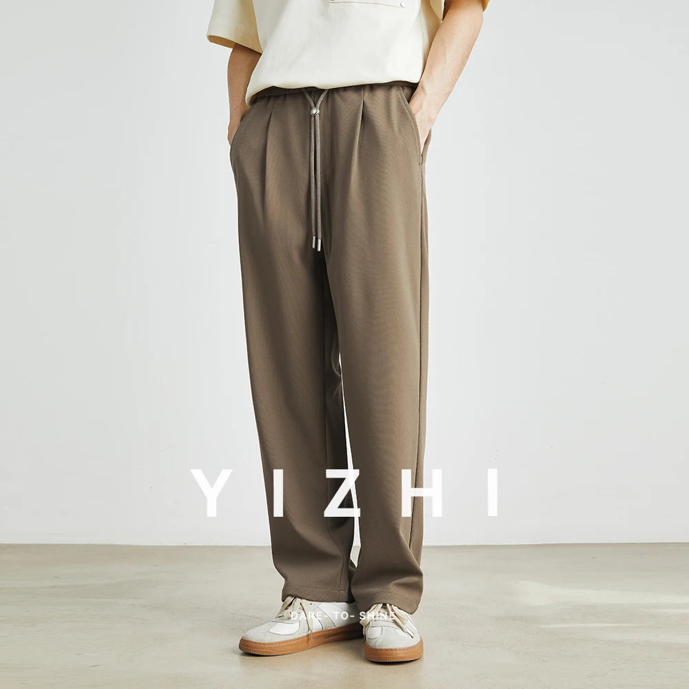 Men’s Straight-Leg Drawstring Trousers – Japanese Casual Elastic Waist Pants