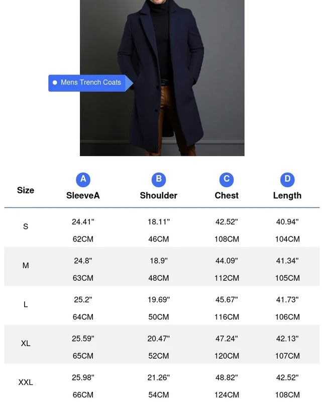 Men’s Luxe Wool Trenchcoat – Mid-Long Warm Business Overcoat