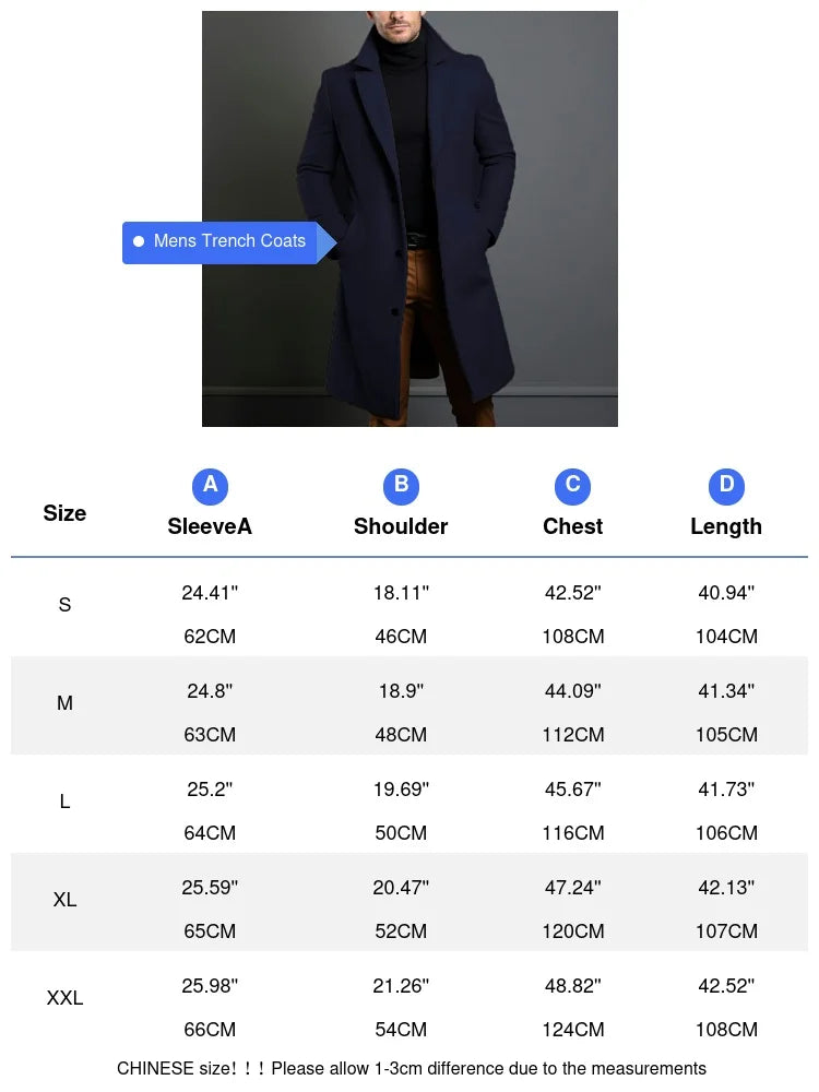 Men’s Luxe Wool Trenchcoat – Mid-Long Warm Business Overcoat