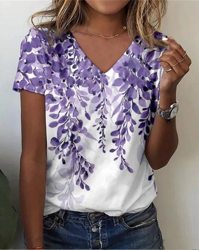 Vintage Floral 3D Print V‑Neck Tee – Oversized Harajuku Style