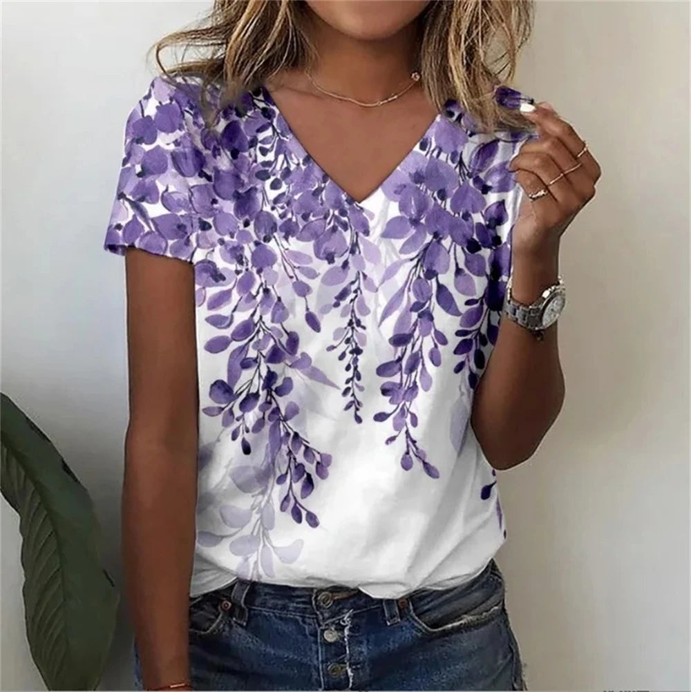 Vintage Floral 3D Print V‑Neck Tee – Oversized Harajuku Style-HighTouch