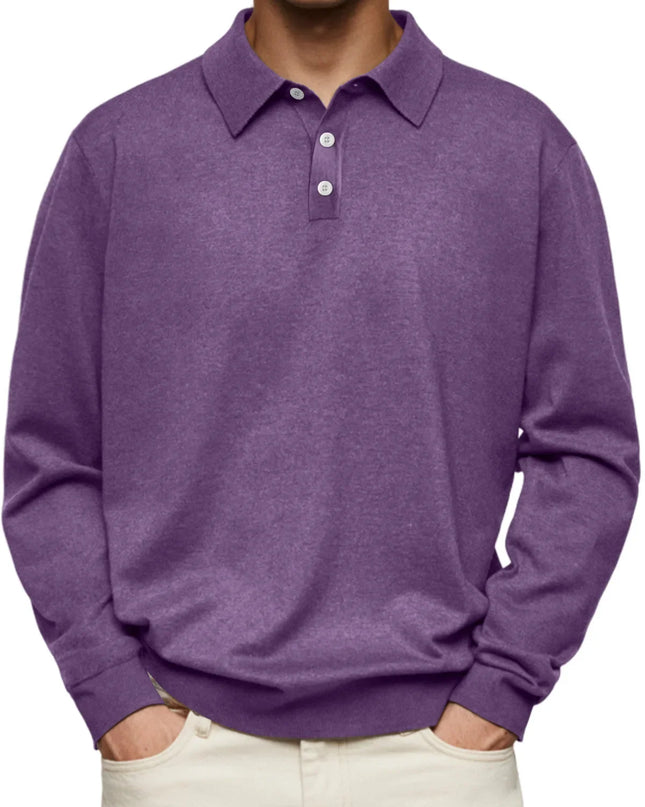 Men’s Long-Sleeve V-Collar Solid Polo Shirt – Loose Fit Casual Knitwear