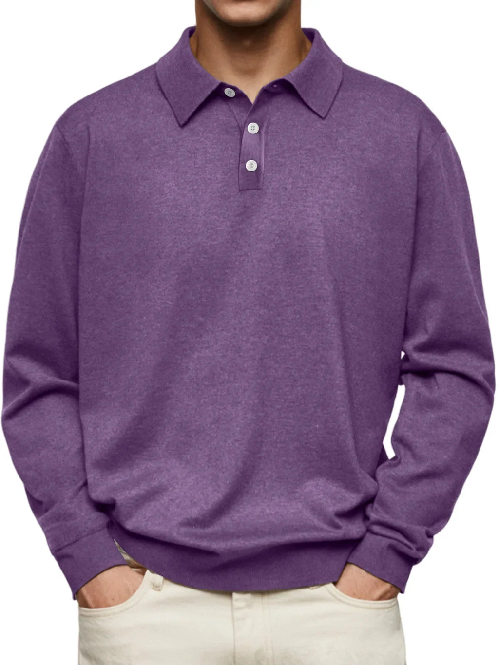 Men’s Long-Sleeve V-Collar Solid Polo Shirt – Loose Fit Casual Knitwear-HighTouch