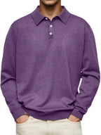 Men’s Long-Sleeve V-Collar Solid Polo Shirt – Loose Fit Casual Knitwear-HighTouch
