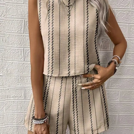 Striped Sleeveless O‑Neck Top & High‑Waist Shorts Set – Lightweight Summer Co‑Ord
