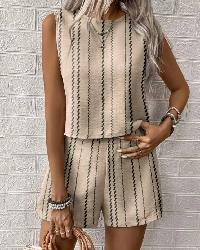 Striped Sleeveless O‑Neck Top & High‑Waist Shorts Set – Lightweight Summer Co‑Ord