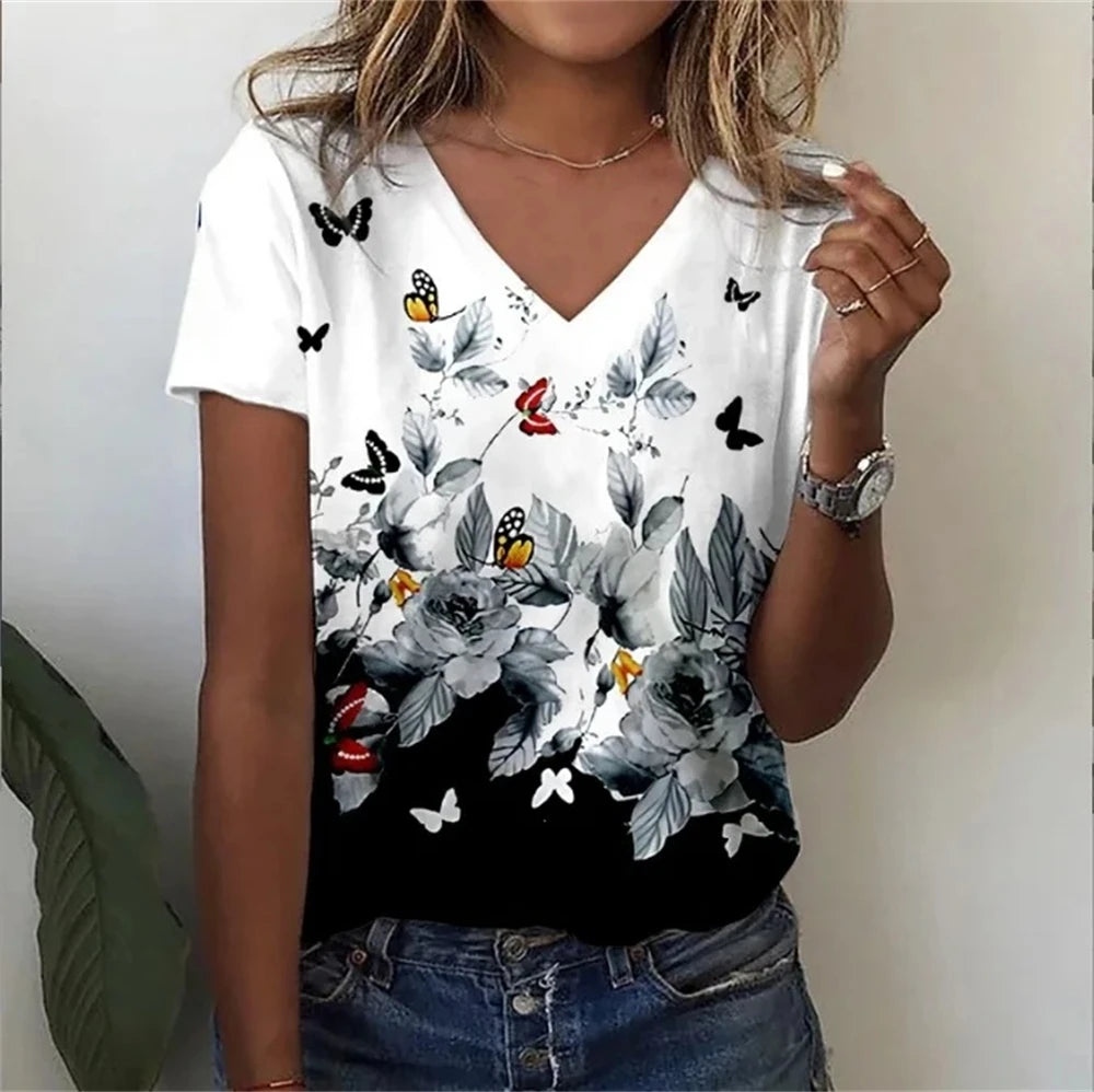 Vintage Floral 3D Print V‑Neck Tee – Oversized Harajuku Style-HighTouch