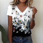 Vintage Floral 3D Print V‑Neck Tee – Oversized Harajuku Style-HighTouch