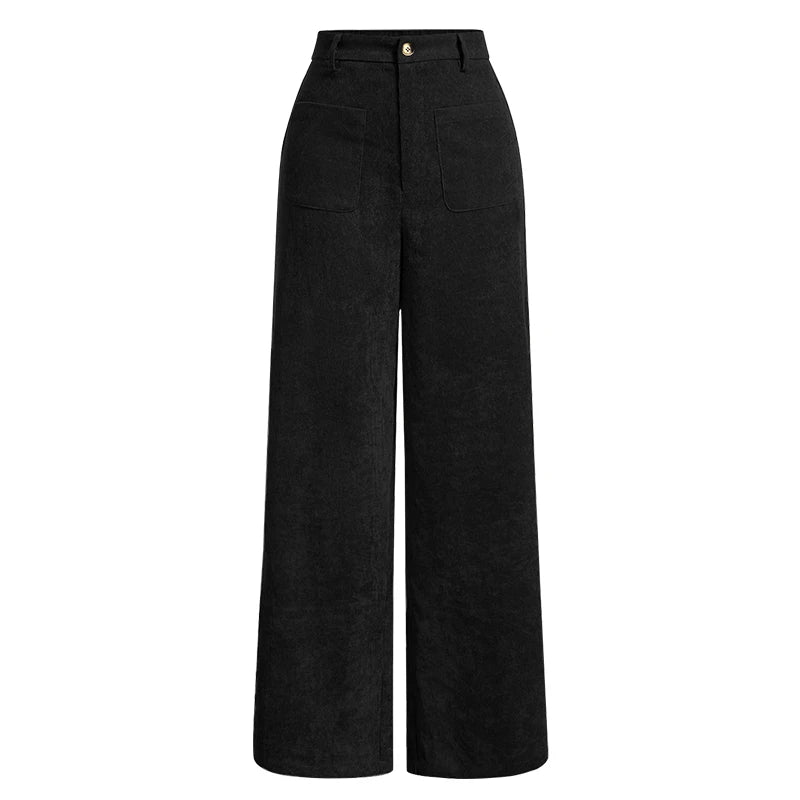 All-Season High Waist Wide-Leg Trousers for Women – Button Front & Pockets-HighTouch
