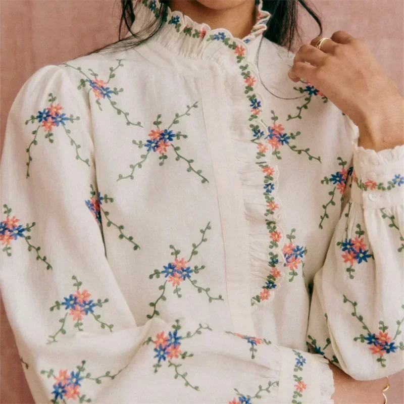 Women’s Floral Embroidery Stand-Collar Ruffle Blouse
