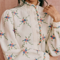 Women’s Floral Embroidery Stand-Collar Ruffle Blouse