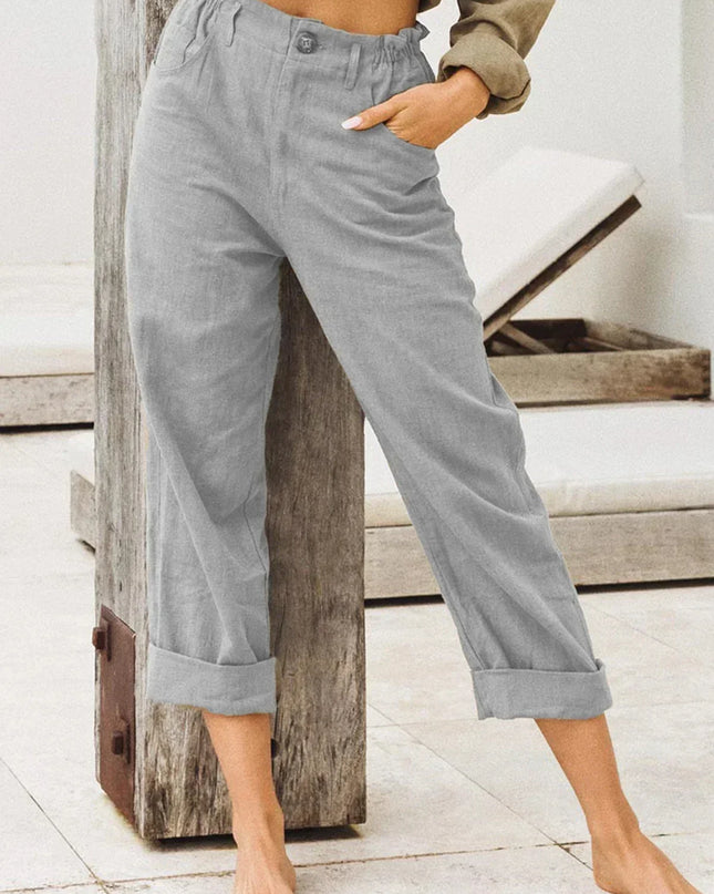 Spring Cotton-Linen Women’s Loose Button Pockets Pants – Elegant & Breathable
