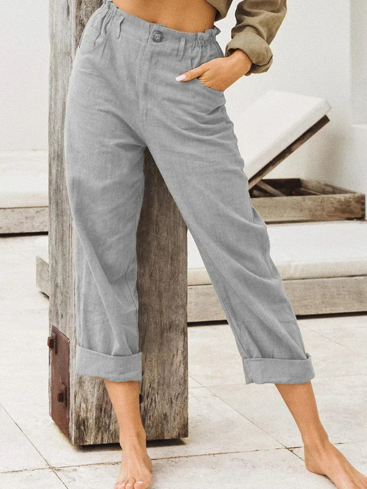 Spring Cotton-Linen Women’s Loose Button Pockets Pants – Elegant & Breathable