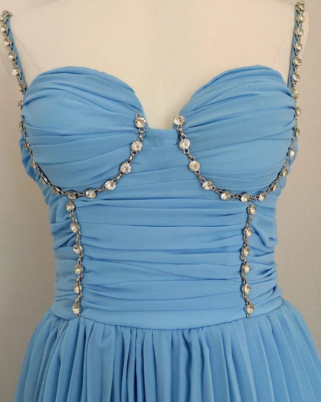 Elegant Diamond Pleated A-Line Evening Dress – Sleeveless V-Neck Gown