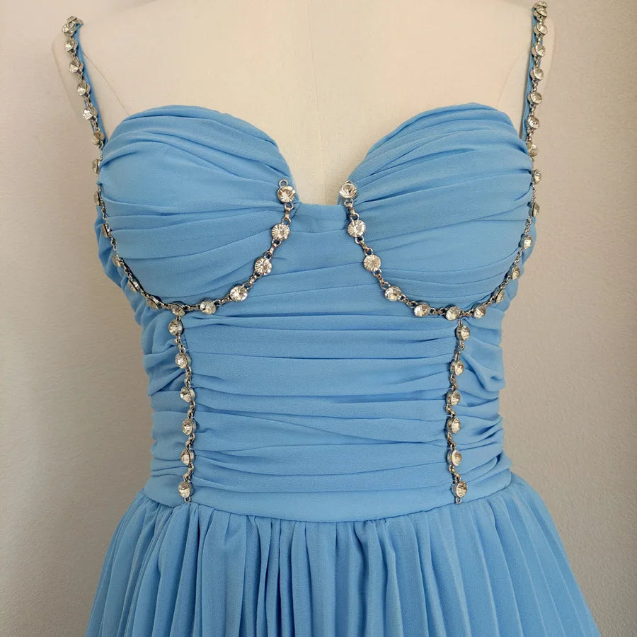 Elegant Diamond Pleated A-Line Evening Dress – Sleeveless V-Neck Gown-HighTouch