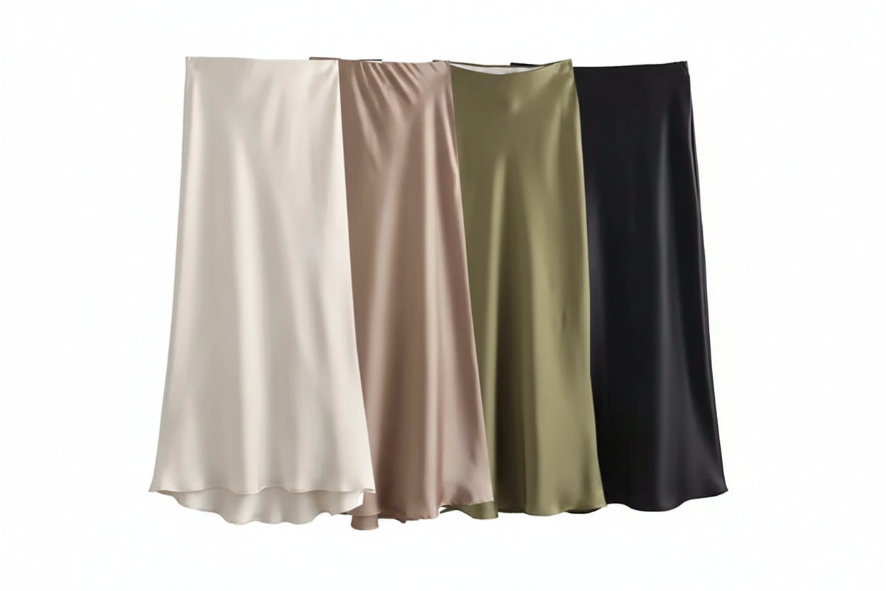 Women’s Satin High Waist Midi Skirt – Elegant Summer Office Skirt