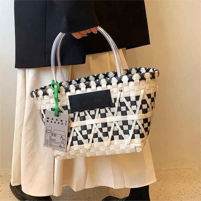 Bohemian Checkered Straw Tote – Large Capacity Summer Beach HandBag