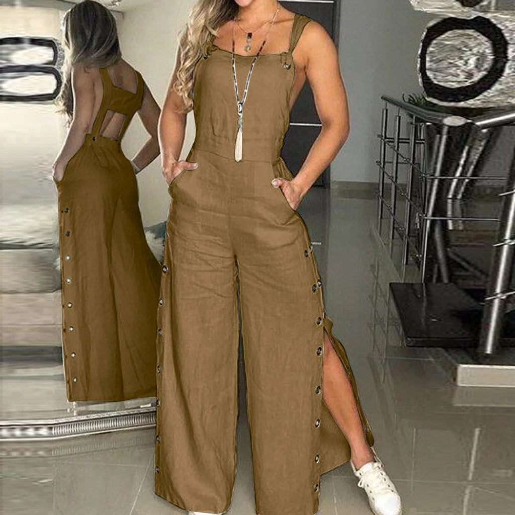 Women's Cotton Linen Strappy Playsuit – Wide Leg Summer Jumpsuit-HighTouch