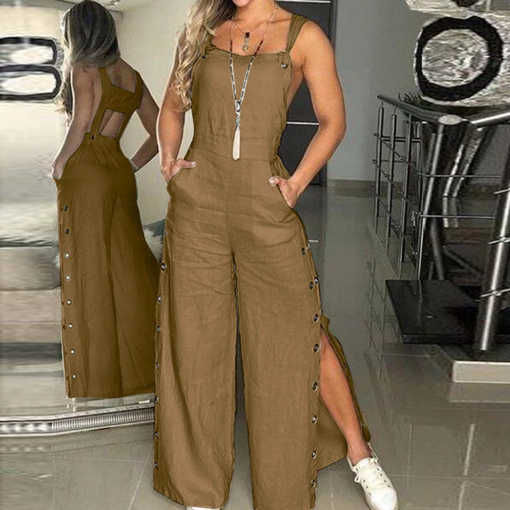 Women's Cotton Linen Strappy Playsuit – Wide Leg Summer Jumpsuit-HighTouch