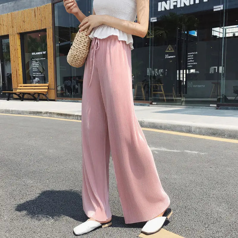 Women’s Ice Silk Wide Leg Pants – Elastic Waist Summer Trousers-HighTouch