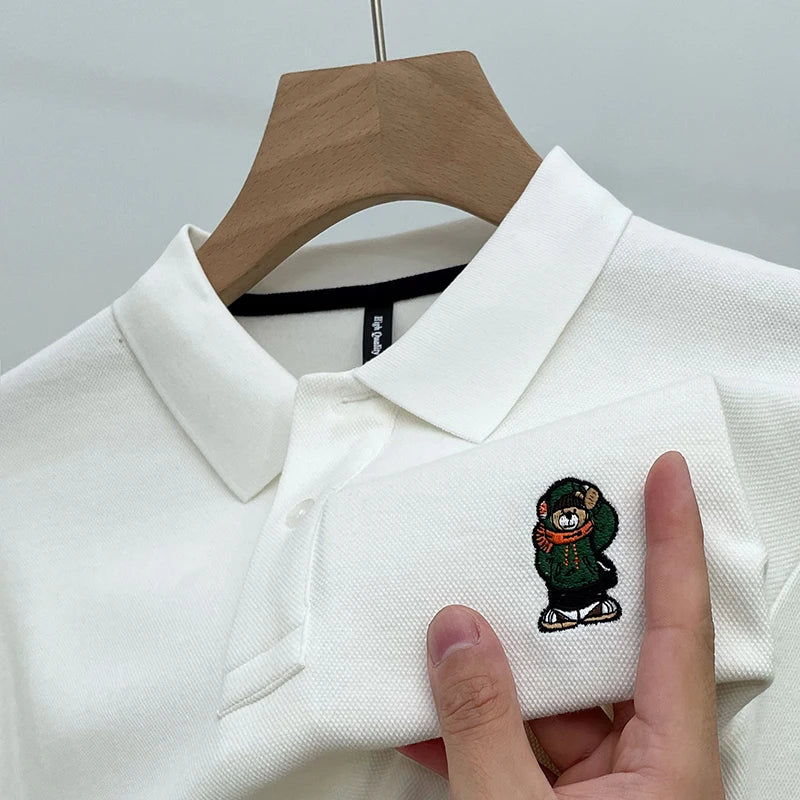 Bear-Embroidered 100% Cotton Long-Sleeve Polo – Spring/Autumn Men’s