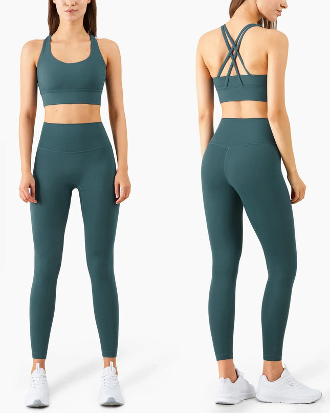 Summer New 2 Piece Yoga Clothes  Women's Tracksuit Athletic Cross Back Nylon Yoga Top Women Sports Bra Leggings Pilates Fitness
