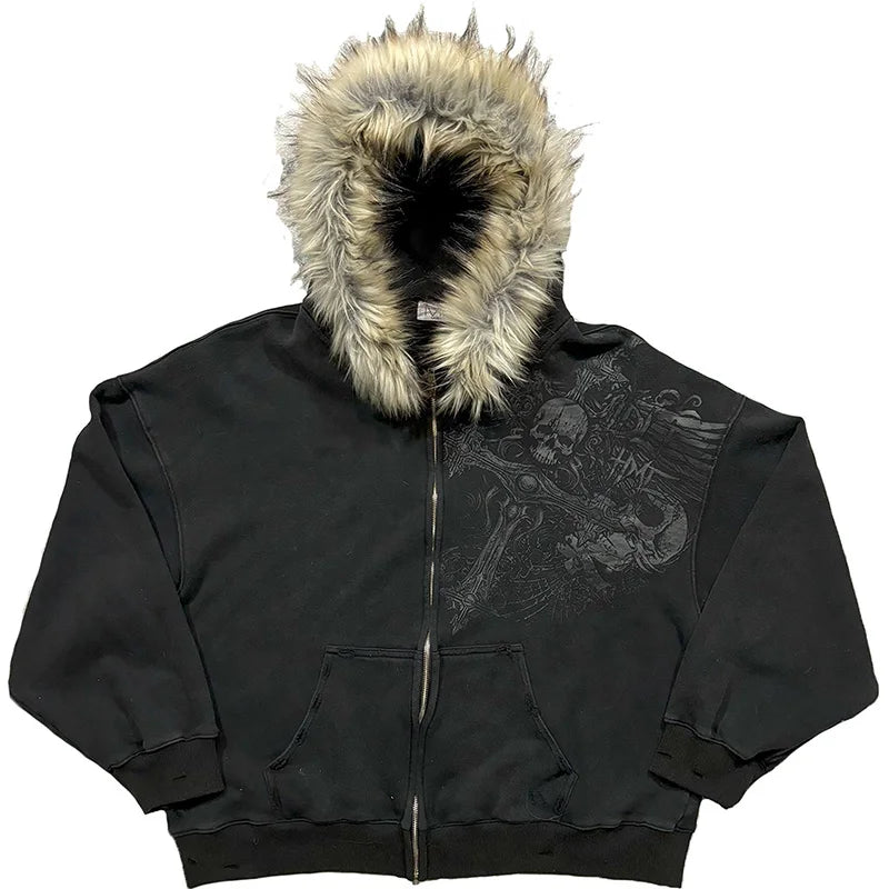 Autumn Winter Y2k Women Aesthetic Harajuku Faux Fur Collar Hoodies Clothes Graphic Hip Hop Punk Gothic Zip Up Hoodies