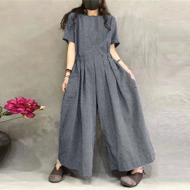ZANZEA Gingham Wide-Leg Jumpsuit – Pleated Waist Casual Romper