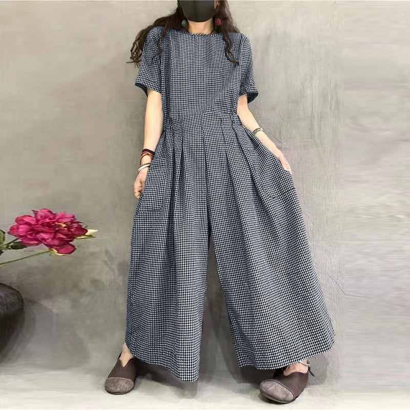 Gingham Wide-Leg Jumpsuit – Pleated Waist Casual Romper-HighTouch