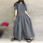 Gingham Wide-Leg Jumpsuit – Pleated Waist Casual Romper-HighTouch