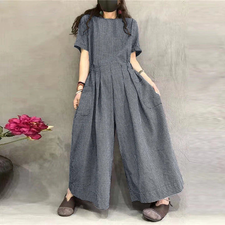 Gingham Wide-Leg Jumpsuit – Pleated Waist Casual Romper-HighTouch