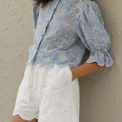 Elegant Blue Print Cotton Shirt – Hollow-Out O-Neck Blouse for Women