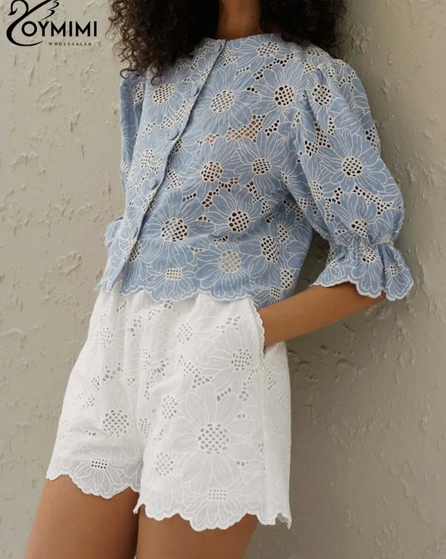 Elegant Blue Print Cotton Shirt – Hollow-Out O-Neck Blouse for Women