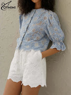 Elegant Blue Print Cotton Shirt – Hollow-Out O-Neck Blouse for Women-HighTouch