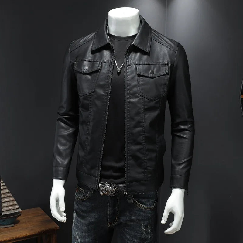 Men’s Lapel PU Leather Motorcycle Jacket-HighTouch