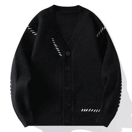 Men’s Patchwork V-Neck Knit Cardigan – Harajuku Casual Streetwear