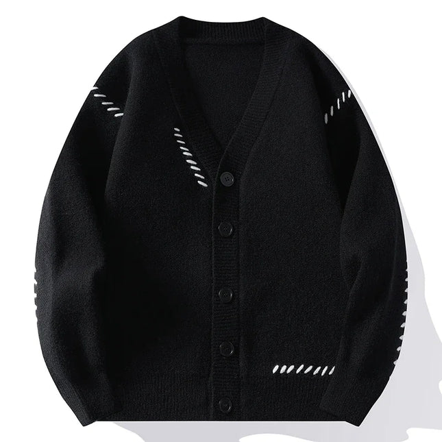 Men’s Patchwork V-Neck Knit Cardigan – Harajuku Casual Streetwear
