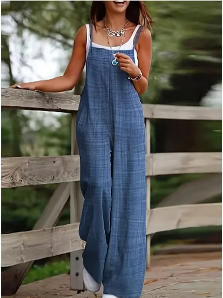 Women's Sleeveless Suspender Jumpsuit with Pockets – Loose Casual Wide-Leg Romper