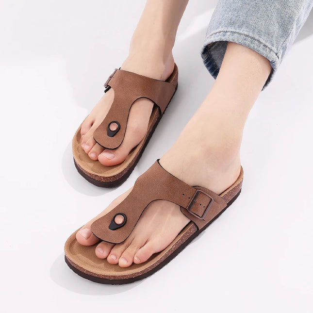Women's Leather Cork Footbed Sandals – Adjustable Buckle Flats for All-Day Comfort