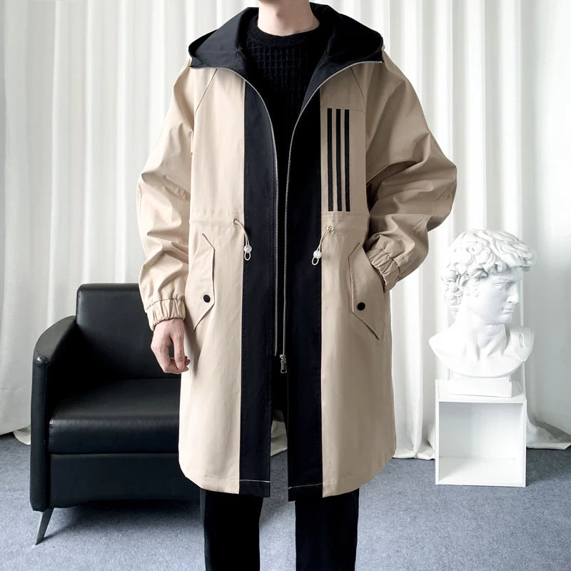 Colour-Blocked Hooded Overcoat Men's Jacket