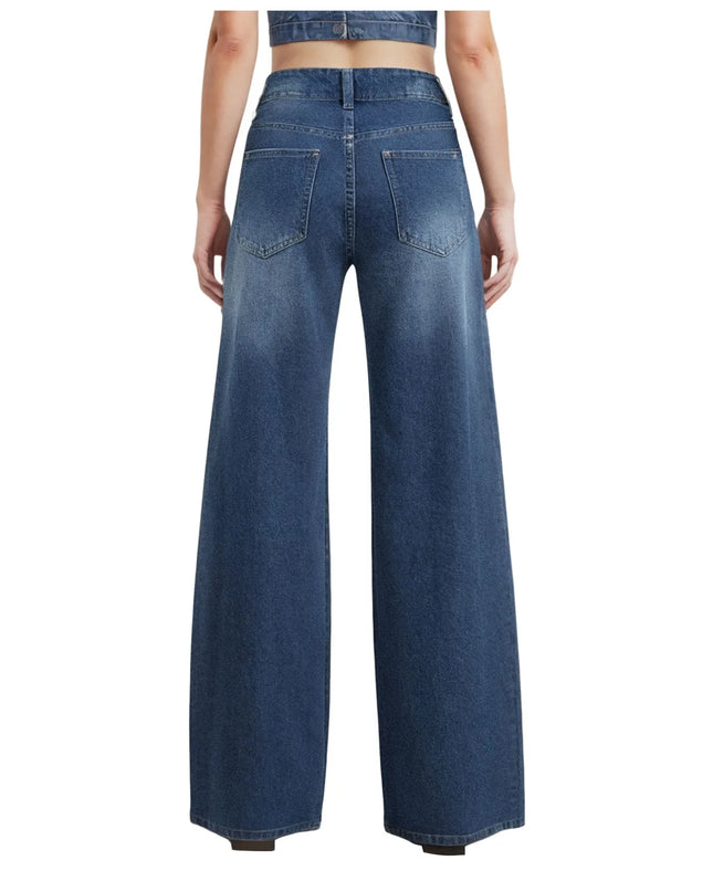 High-Waist Blue Wash Wide-Leg Jeans for Women – Stretch Comfort, Baggy Style