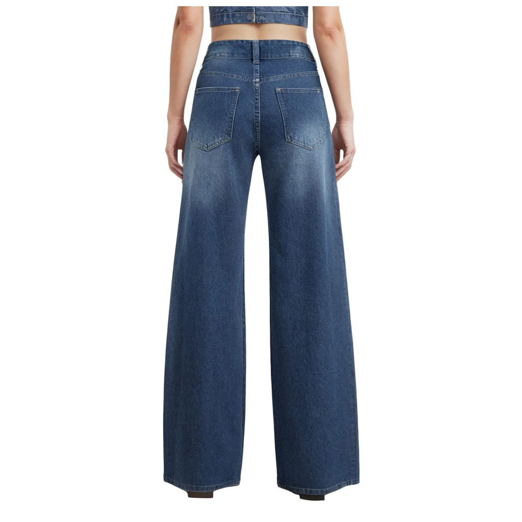 High-Waist Blue Wash Wide-Leg Jeans for Women – Stretch Comfort, Baggy Style-HighTouch