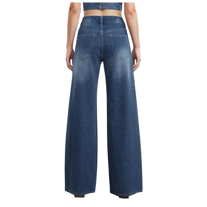 High-Waist Blue Wash Wide-Leg Jeans for Women – Stretch Comfort, Baggy Style-HighTouch