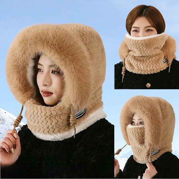 Winter Women's Plush Hooded Hat Scarf Mask 3-in-1 Ear Cover