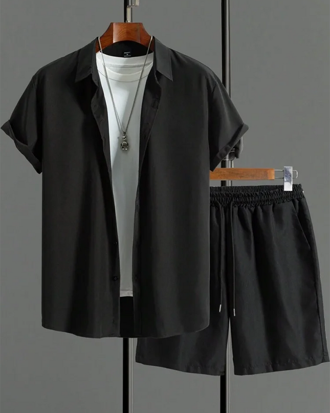 Men’s Solid Color Hawaiian Shirt & Shorts Set – Oversized Summer 2-Piece