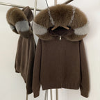 Women’s Hooded Knit Cardigan with Real Fox Fur – Casual Short Coat-HighTouch