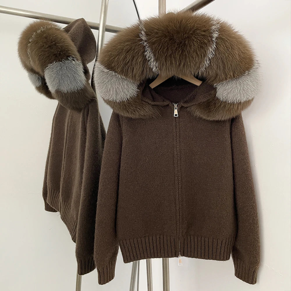 Women’s Hooded Knit Cardigan with Real Fox Fur – Casual Short Coat-HighTouch
